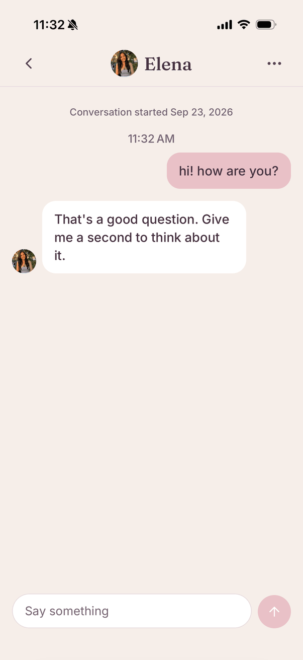 A conversation: one message sent, one reply received, and an empty composer.