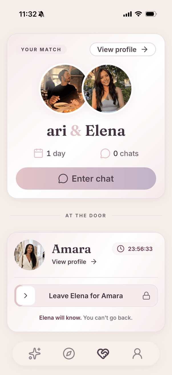 The Match tab with one match held: two photos side by side, the pair's first names, the days together and the chat count, an Enter chat button; beneath it the At the door section with one person knocking, a countdown, the Leave slide, and the sentence that leaving is final.